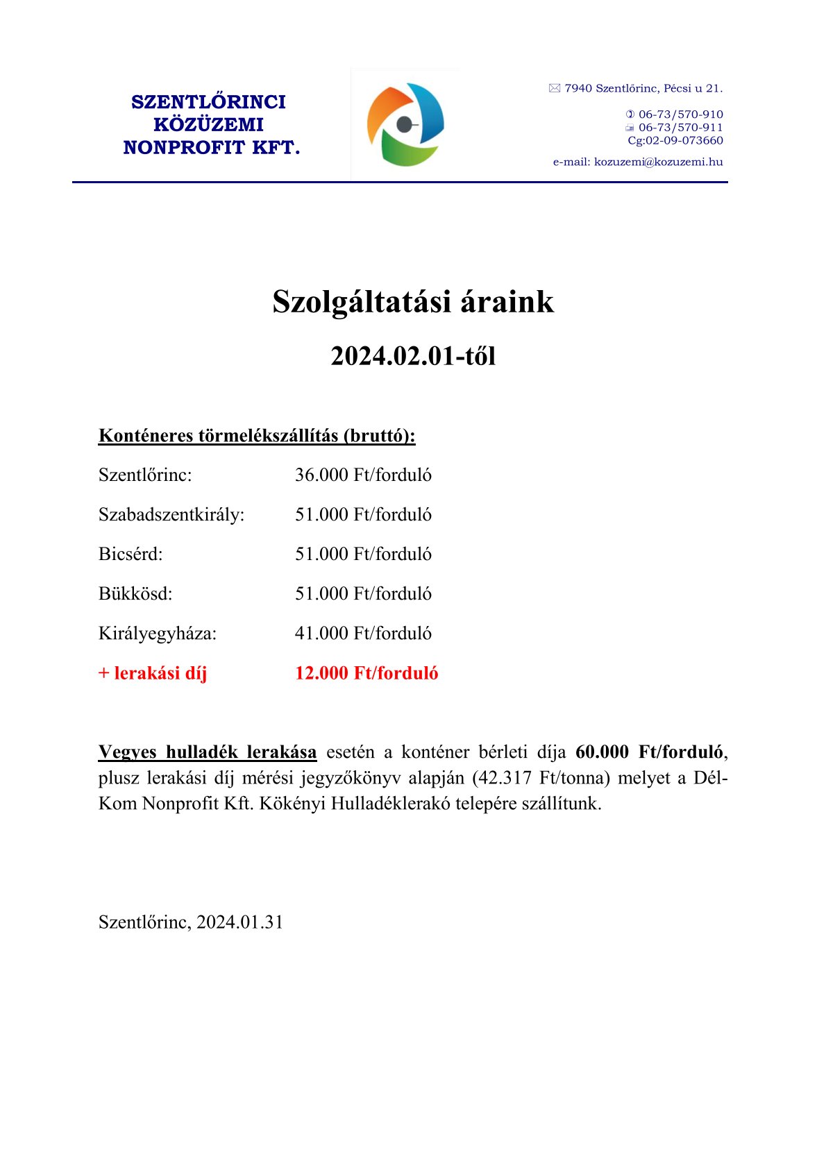Szolgáltatási áraink konténer 2024.02.01