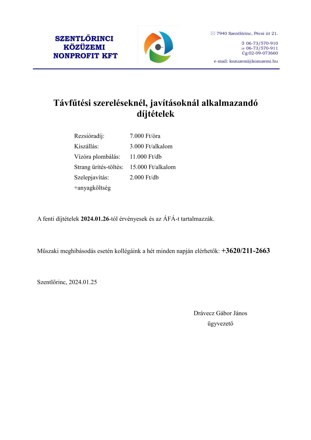 Távfűtési díjtételek 2024