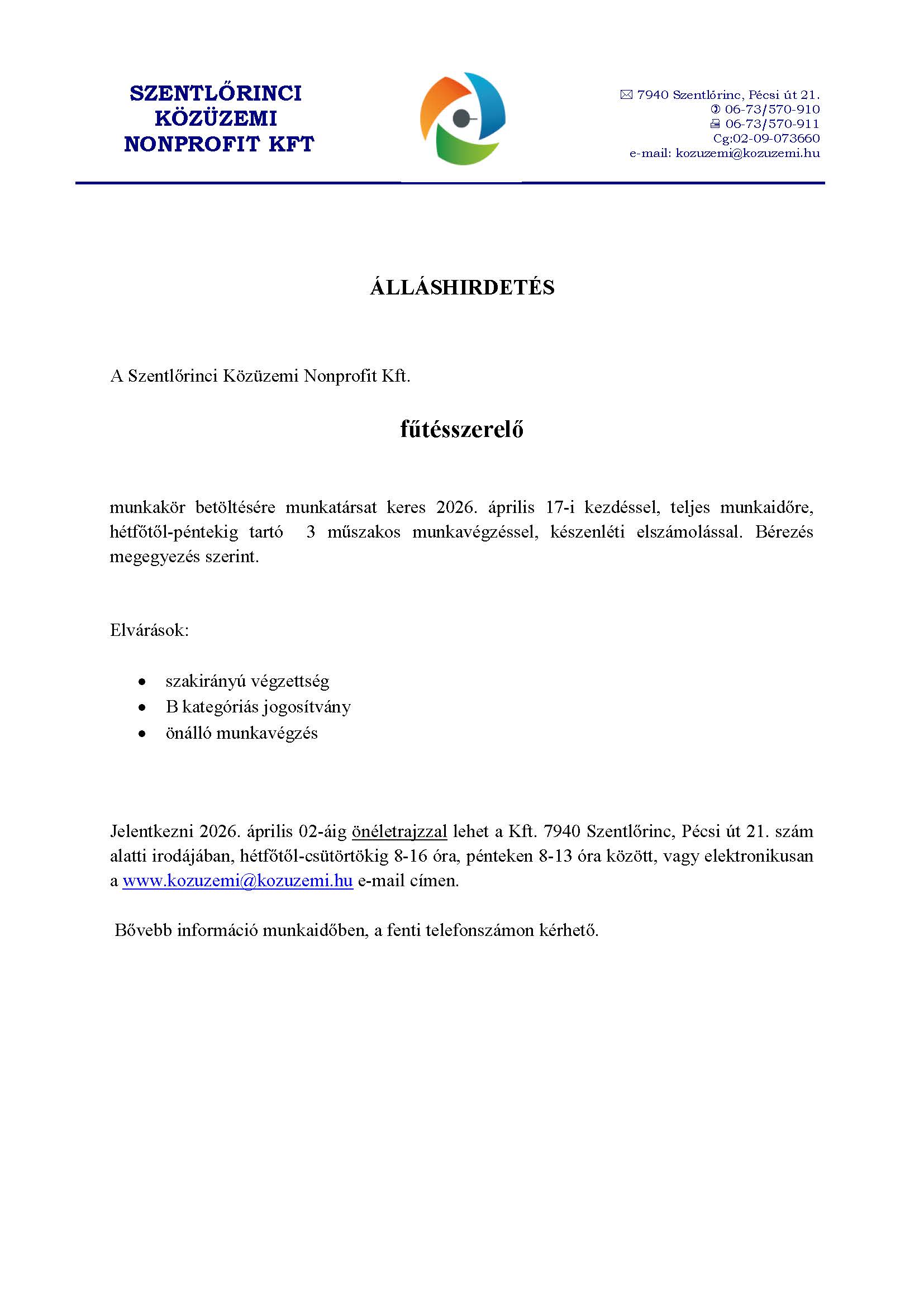 Álláshirdetés fűtésszerelő